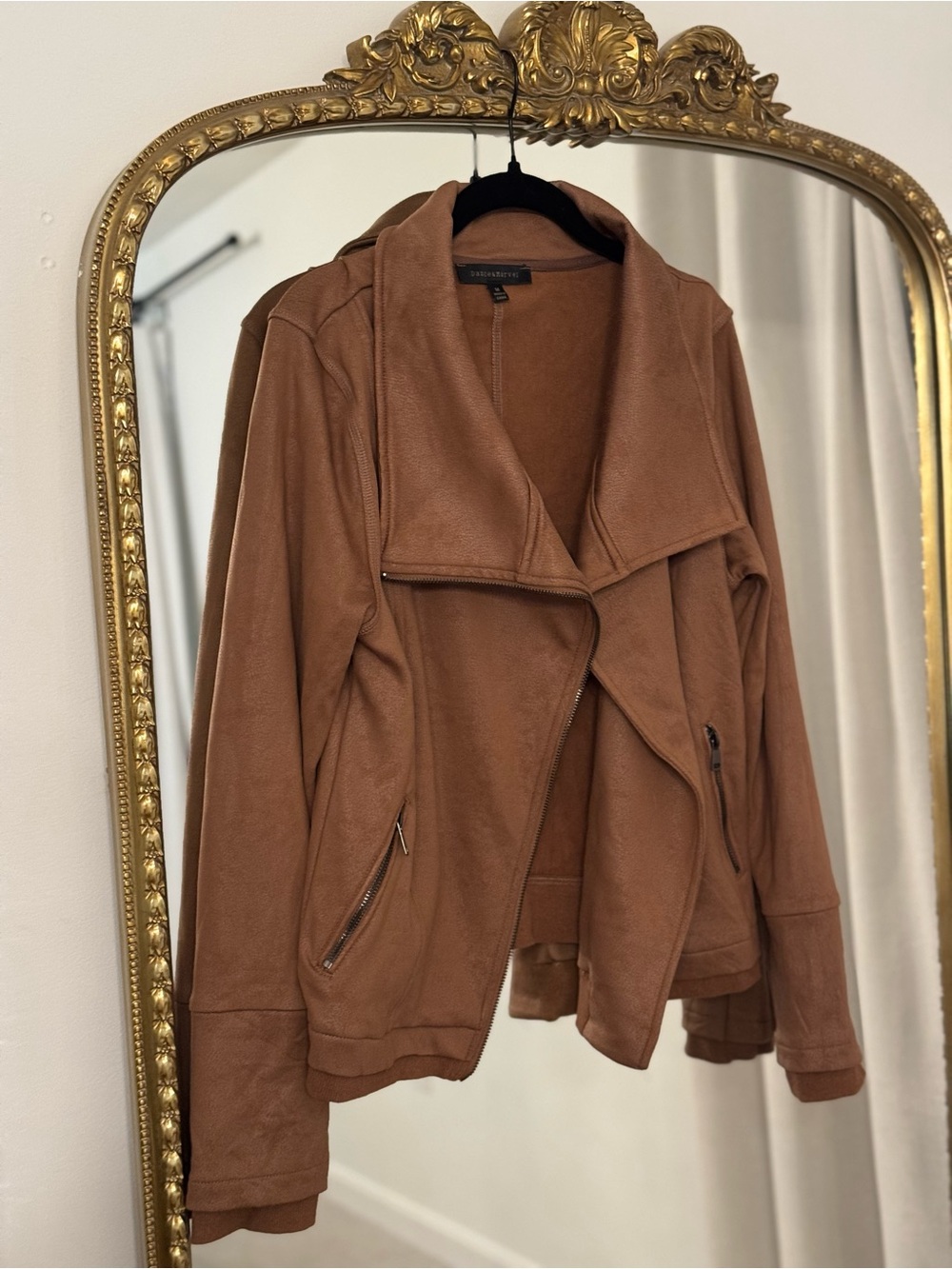 Vici Suede-Look Draped Moto Jacket in Camel